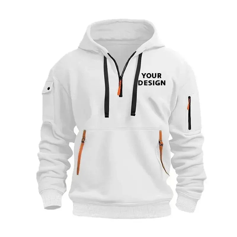 New Men's Sports Zipper Sweater, Loose Casual Sportswear with Arm Pockets, Customized Hooded Jacket with Your Logo