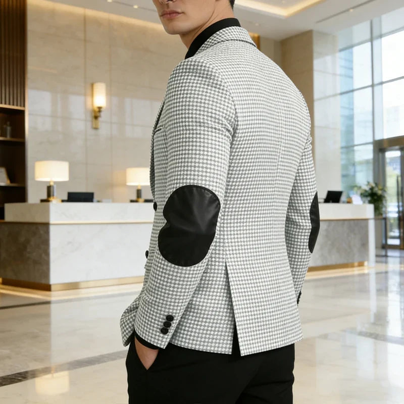 Men's Vintage Houndstooth Blazer Notch Lapel Leather Elbow Patches Slim Fit Jacket Business Casual Sport Coat For Spring Autumn