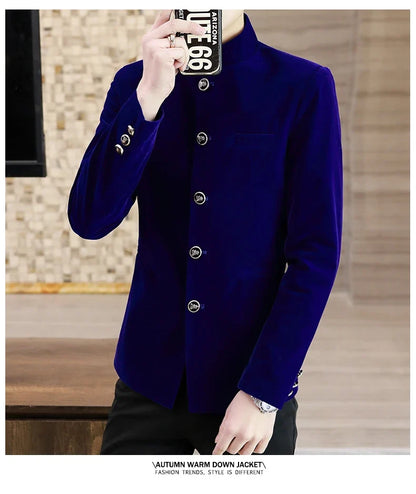 Men's Light Luxury Golden Velvet Coat Youth Fashion Trend Solid Color Stand Collar MAO Suit Handsome Boutique Item