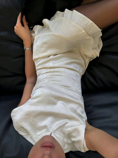 Women's Elegant Satin Evening Dress Fashion Stand Neck High Waist Slim Mini Dresses Party Sexy Short Sleeve Ruffle Dress