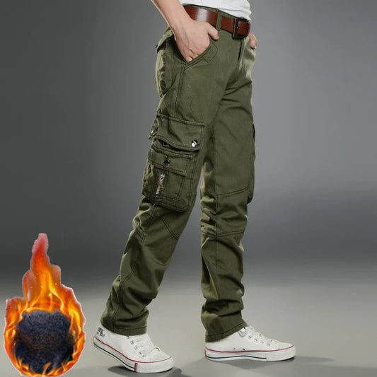 Winter Cargo Pant Men Straight Leg Fit Brushed Trouser Male Cotton Fleece Lined Warm Pocket Work Black Elegant Military Tactical