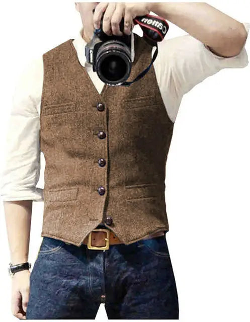 Mens Suit Vest Tweed Retro V Neck Wool Herringbone Waistcoat for Prom Single Breasted Males Dress Suit Vest Plus Size