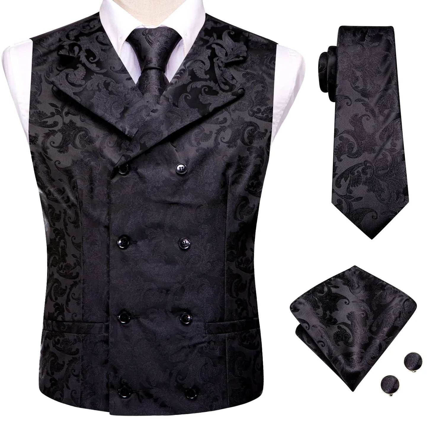 Dark Red Men's Vests Silk Paisley Jacquard Waistcoat Jacket NeckTie Hanky Cufflinks for Men Business Party Designer Gifts