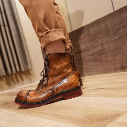 Vintage Mens Round Toe Lace Up High Top Work Safety Shoes Cowhide Genuine Leather Ankle Boots British Motorcycle Riding Boots 45