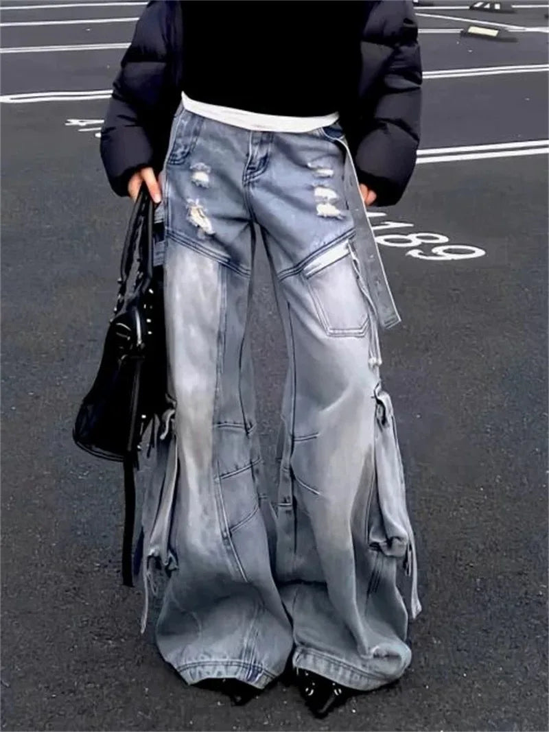 Black Jeans Women American Style Y2K 90S Vintage High Waisted Jean Straight Trouser Streetwear Casual Loose Wide Leg Denim Pants