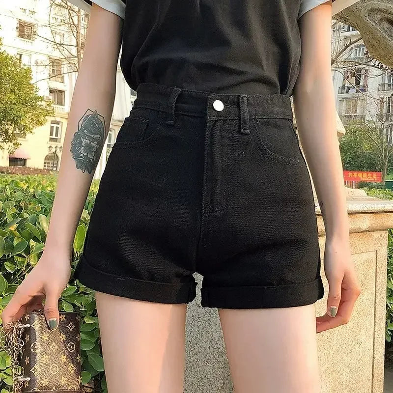 Summer Thin Style Korean Version High Waist Slimming Denim Shorts for Women Loose Line Outer Wear Rolled Edge Wide Leg Hot Pants