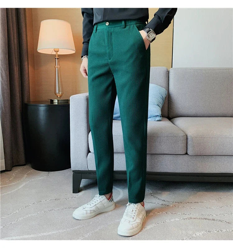 2024 Autumn New Waffle Stretch Waist Business Formal Pants Men Fashion Wedding Slim Trouser Mens Brand Social Party Suit Pants
