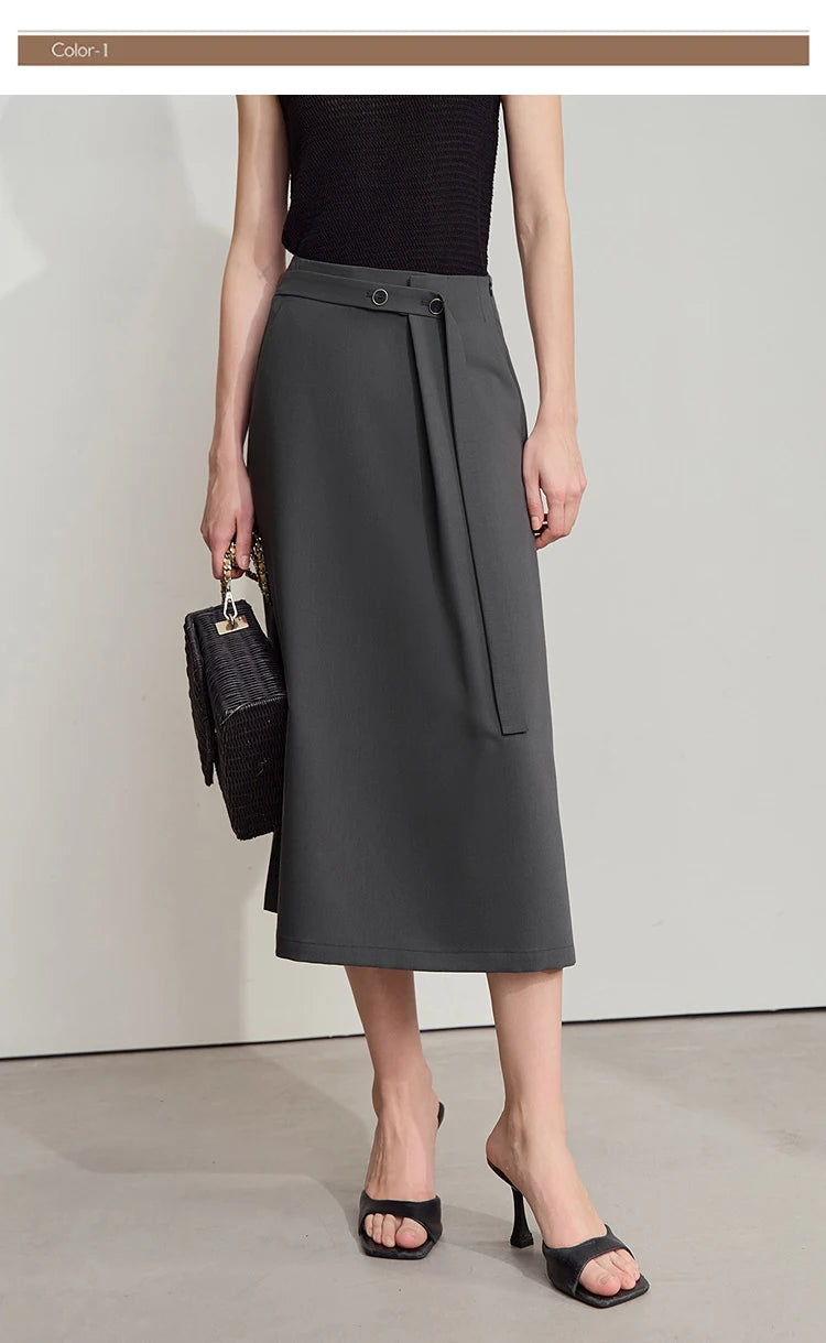 Minimalist Knee length Skirt Women Pleated A-line Loose Dress Elegant Commuting Style Belt Decoration Skirts 12522074