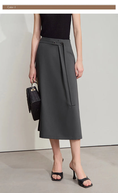 Minimalist Knee length Skirt Women Pleated A-line Loose Dress Elegant Commuting Style Belt Decoration Skirts 12522074