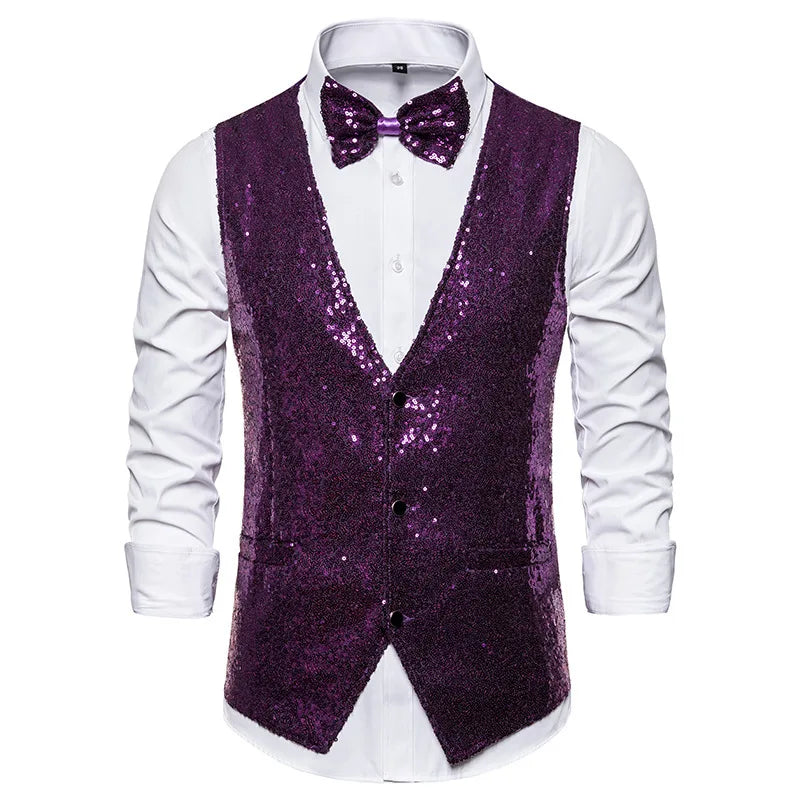 2026 Men's Shiny Gold Sequin Glitter Embellished Blazer Waistcoat Night Club Blazer Wedding Party Waistcoat Stage Singers Vest