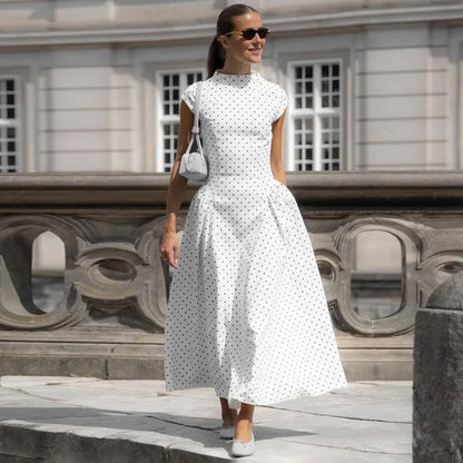 White Polka Dot Long Dress Summer Sexy High-Waisted Vintage Print Sleeveless Dress Casual Party Vacation New Women Dress