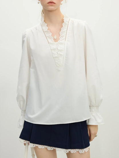 Office Lady French Lace V-neck Shirt for Women 2025 New Loose Flared Sleeve Top Casual Loose Women Tops 25FS11264