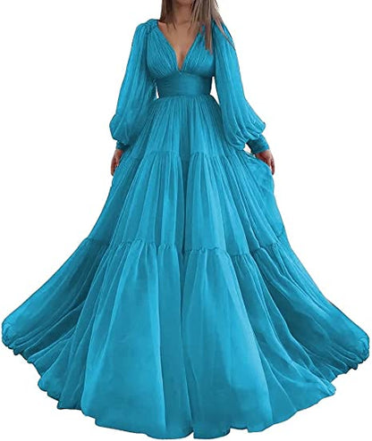 Pleat Tulle Princess Prom Gown V-Neck Long Puff Sleeve Plus Size Evening Gown Elegant Dress Women for Wedding Party