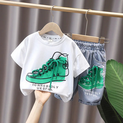 Summer Baby and Boys Cotton 3D Printed Lace Up Top t-Shirt+Denim Shorts Pant Set School Kids 2PCS Tracksuit Child Outfits 1-12Yr