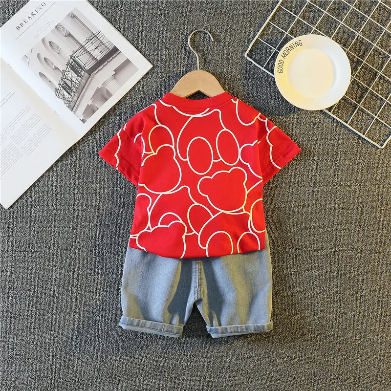 Summer Baby Boys Carttoon T-Shirt And Denim Shorts Set Toddler Infant Casual Clothing Outfit Kids Children's Clothing Suit