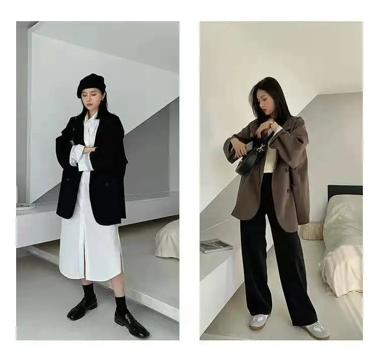 Oversize Blazers Women Long Sleeve Black Suit Streetwear Korean Chic Loose Jacket Spring Autumn Coat Double-breasted Tweed New