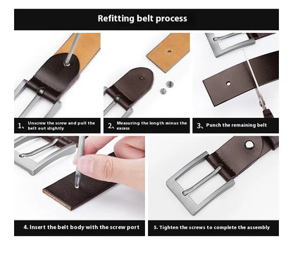 Men's Genuine Leather Belt - High-Quality Cowhide Leather Pin Buckle Belt with Alloy Clasp, Premium Men's Cowboy Belt