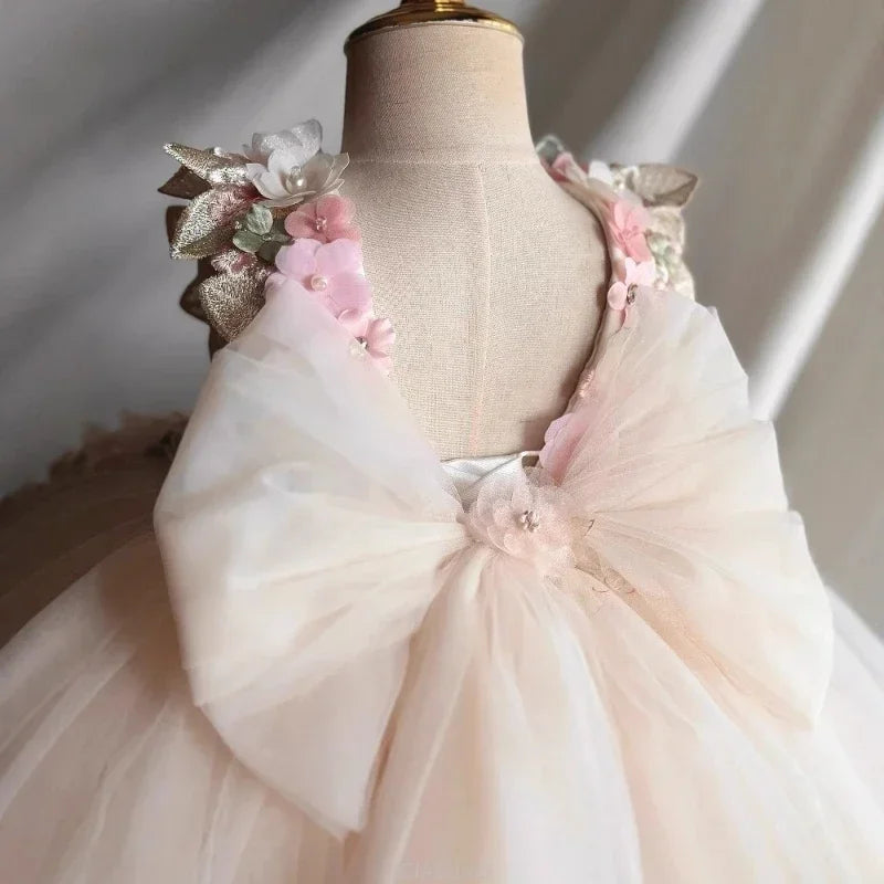 Custom Pink Floral Butterfly Tulle Flower Girl Dress First Christmas Dress Wedding Party Gown for Girls فساتين اطفال