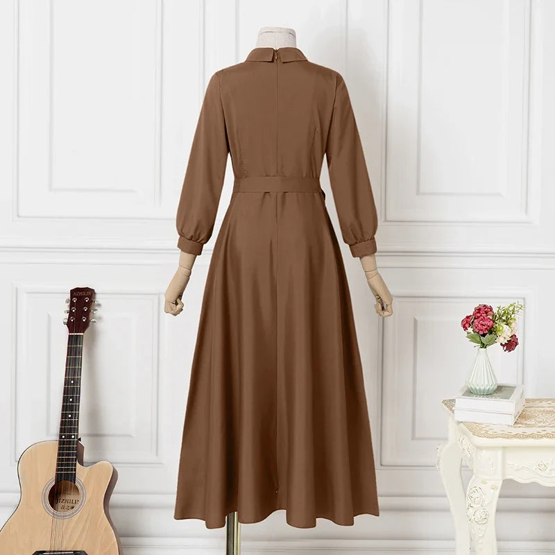 Women Long Sleeve A-line Sundress Spring Long Dress Autumn Solid Party Holiday Maxi Dresses Vestidos Femme Vintage Robe