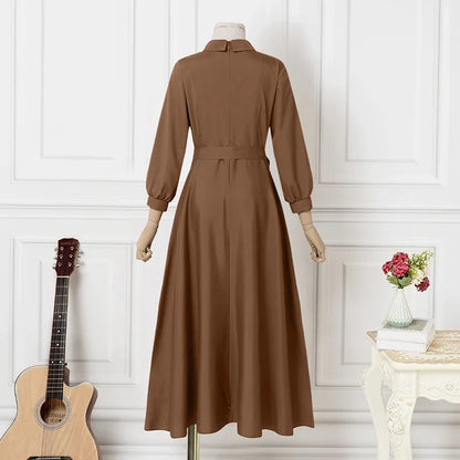 Women Long Sleeve A-line Sundress Spring Long Dress Autumn Solid Party Holiday Maxi Dresses Vestidos Femme Vintage Robe