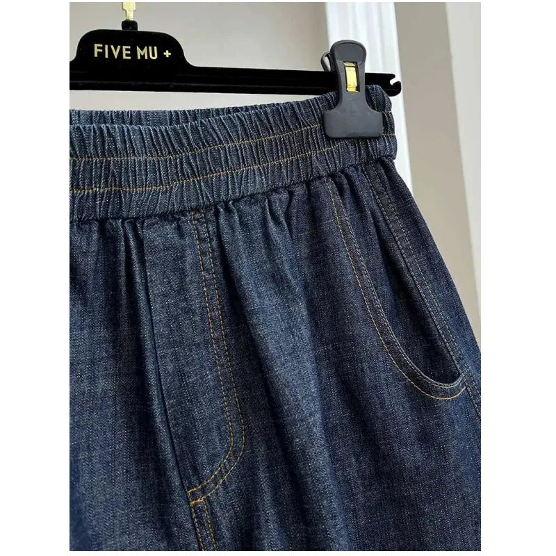 European-style high-end elastic waist casual denim shorts for women, summer thin loose high-waist A-line wide-leg hot pants