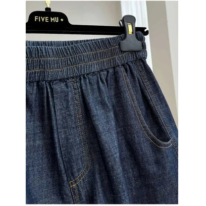 European-style high-end elastic waist casual denim shorts for women, summer thin loose high-waist A-line wide-leg hot pants