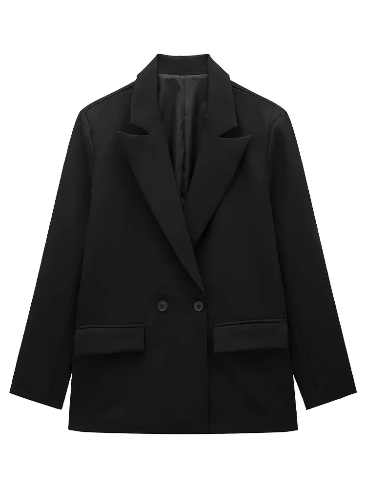 Women Fashion With Pockets Solid Double Breasted Blazer Vintage Long Sleeves Notched Neck Female Office Lady Outfits