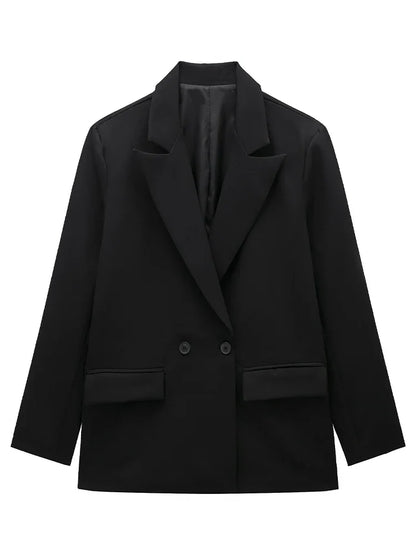 Women Fashion With Pockets Solid Double Breasted Blazer Vintage Long Sleeves Notched Neck Female Office Lady Outfits