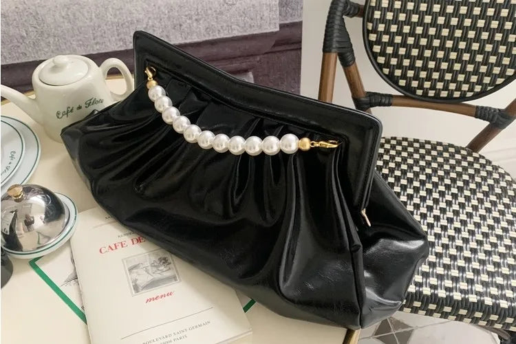 Fashion Folds Women Clutches Pearl Chain Design Lady Handbag Python Banquet Envelope Evening Bag Ladies Clutch Purses Bolsas