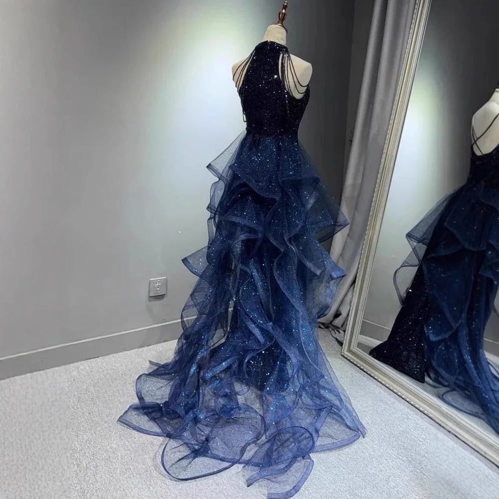 Elegant Sparking Navy Blue Evening Dresses Halt Beading Party Gown Customized Prom Dress 2025 Tiered robes de soirée Sweep Train