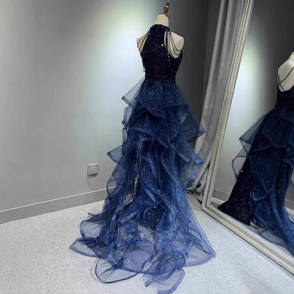 Elegant Sparking Navy Blue Evening Dresses Halt Beading Party Gown Customized Prom Dress 2025 Tiered robes de soirée Sweep Train