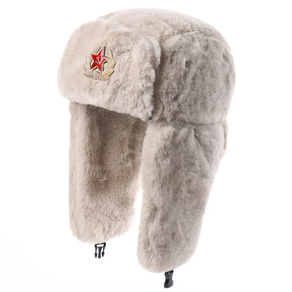 Winter Women Soviet Badge Bomber Hat Warm Faux Rabbit Fur Pilot Ushanka Windproof Thermal Earflap Hats For Men Ski Caps