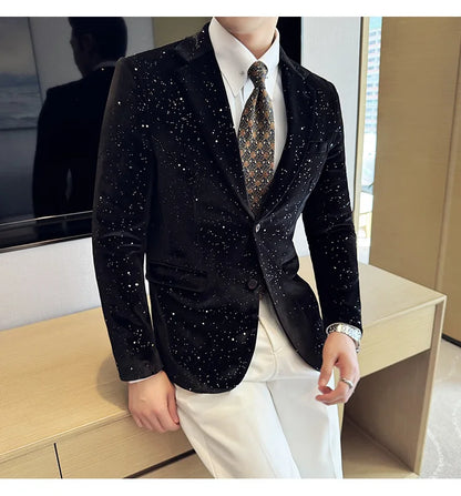 High Quality Velvet Bronzing Suit Coats Mens Sparkle Elegant Slim Business Suits Jacket Homme Formal Social Prom Party Tuxedos