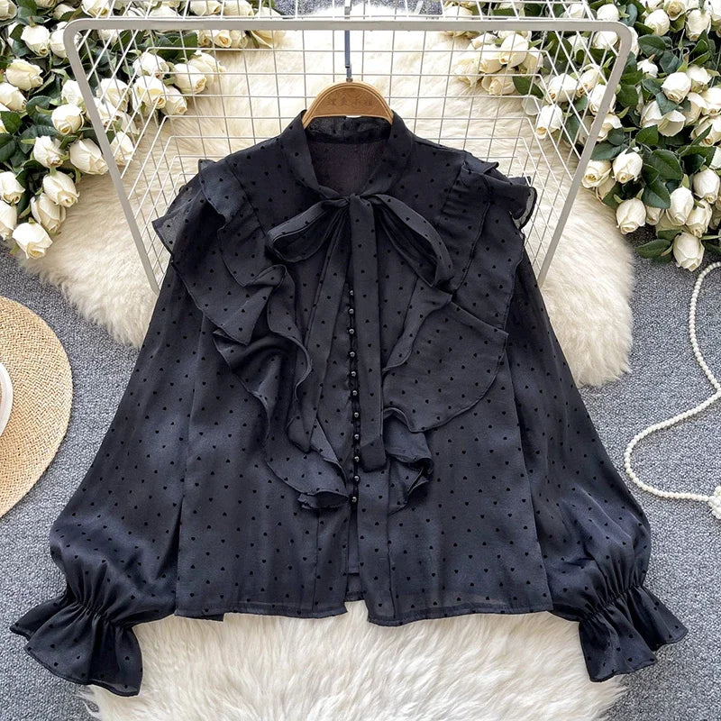 French Sweet Long Sleeved Blouse Women's Clothing Spring Autumn Bow Ruffle Edge Polka Dot Printed Chiffon Shirt Top C42