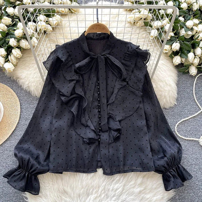 French Sweet Long Sleeved Blouse Women's Clothing Spring Autumn Bow Ruffle Edge Polka Dot Printed Chiffon Shirt Top C42