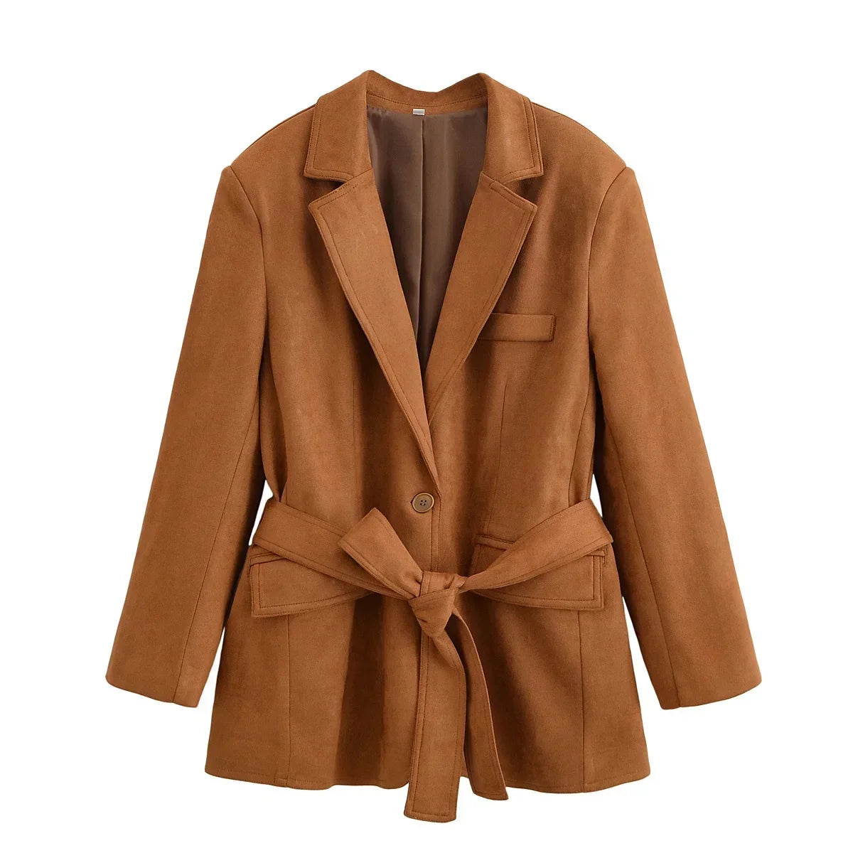 Office Lady Suede Blazer V Neck Sashes Long Pockets Blazer Fashion 2025 Fall Streetwear Outwear Winter Thick Coats