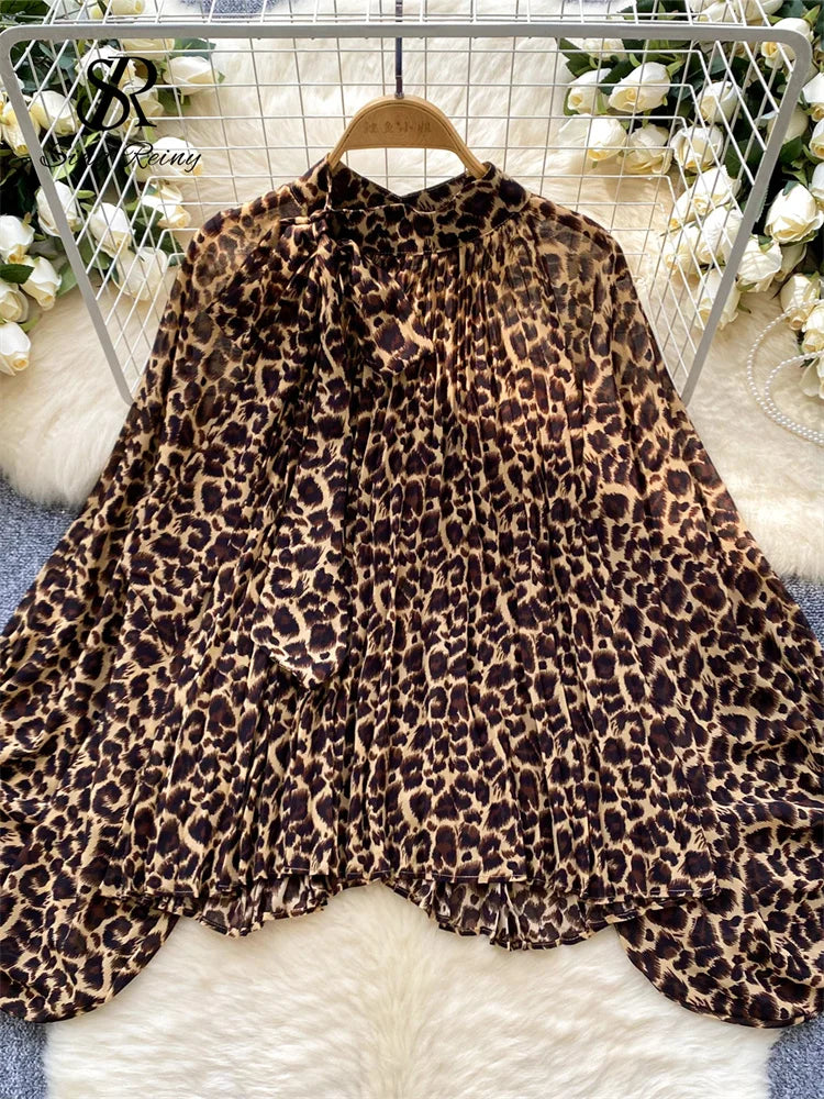 Autumn Leopard Print Blouse Women Bow Neck Long Sleeves Loose Top Korean Style Ins Polka Dot Chiffon Shirt 2025