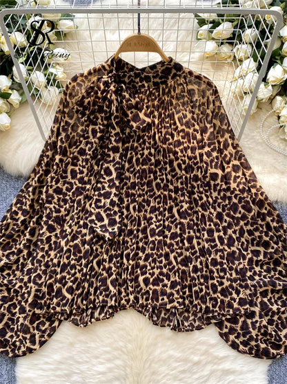 Autumn Leopard Print Blouse Women Bow Neck Long Sleeves Loose Top Korean Style Ins Polka Dot Chiffon Shirt 2025