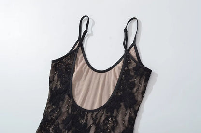 Sexy See Through Lace With Lining Backless Spaghetti Strap Bodysuit Woman Sling Tight Short Jumpsuit Slim Fit Rompers Playsuits