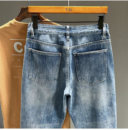 New Men's Ripped Jeans Personality Fashion Tapered Hole Frayed Denim Trousers Streetwear Casual Vintage Blue Pants Male Clothes