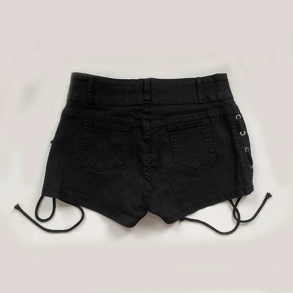 Summer Y2K Black Gothic Denim Shorts Women Skinny Creativity Lace-up Popular Streetwear Daily Personality Students Holiday Jeans