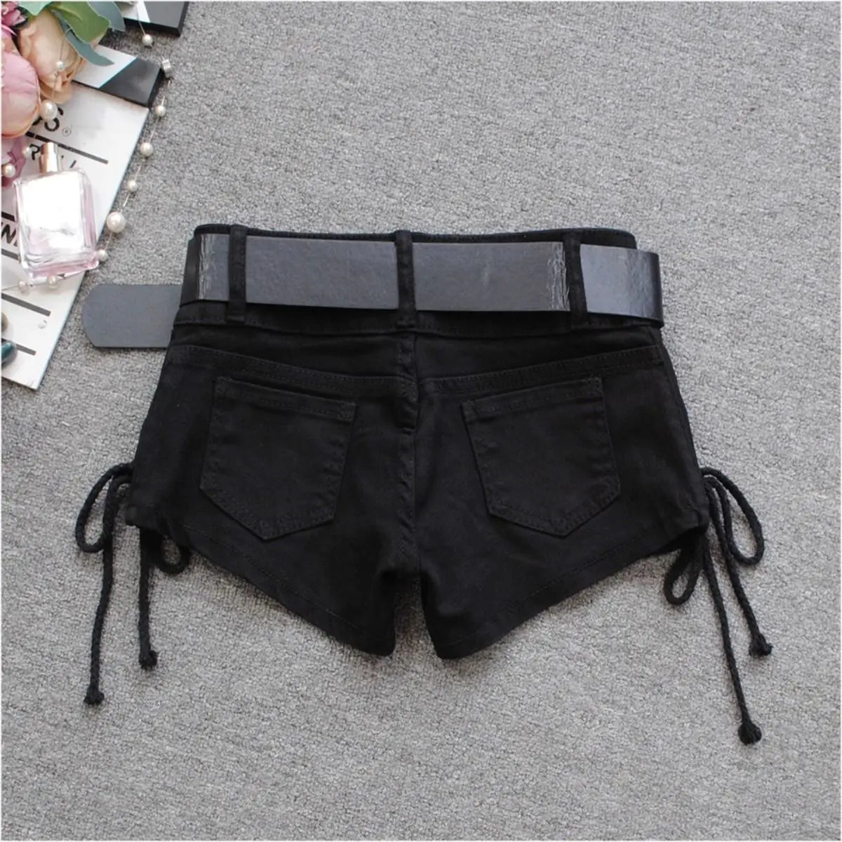 Korean Low Rise Denim Shorts 2024 - Riveted Lace Up Bodycon Black Hot Pants Vintage Cheeky Booty Summer TikTok Y2K Outfit