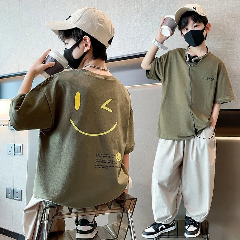 Teens Children's Summer Sets for Boys Clothing Cotton Set 2025 New Fashion Kids Loose Handsome T-shirt+ Lantern Pants Set Outfit