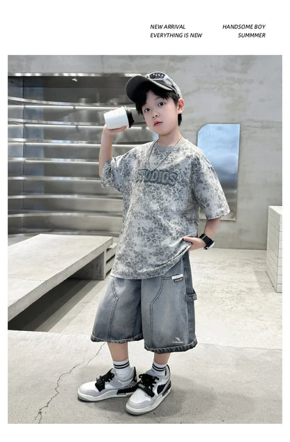 Baby Child Summer Cotton Suit With Shorts for Boy Leopard Print T-shirt + Denim Shorts Top and Bottom Clothes Set For Kids 2-14Y