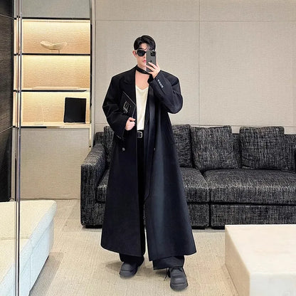Spring Autumn Extra Logn Black Oversized Flowy Soft Trench Coat for Men with Back High Slit Loose Casual Overcoat