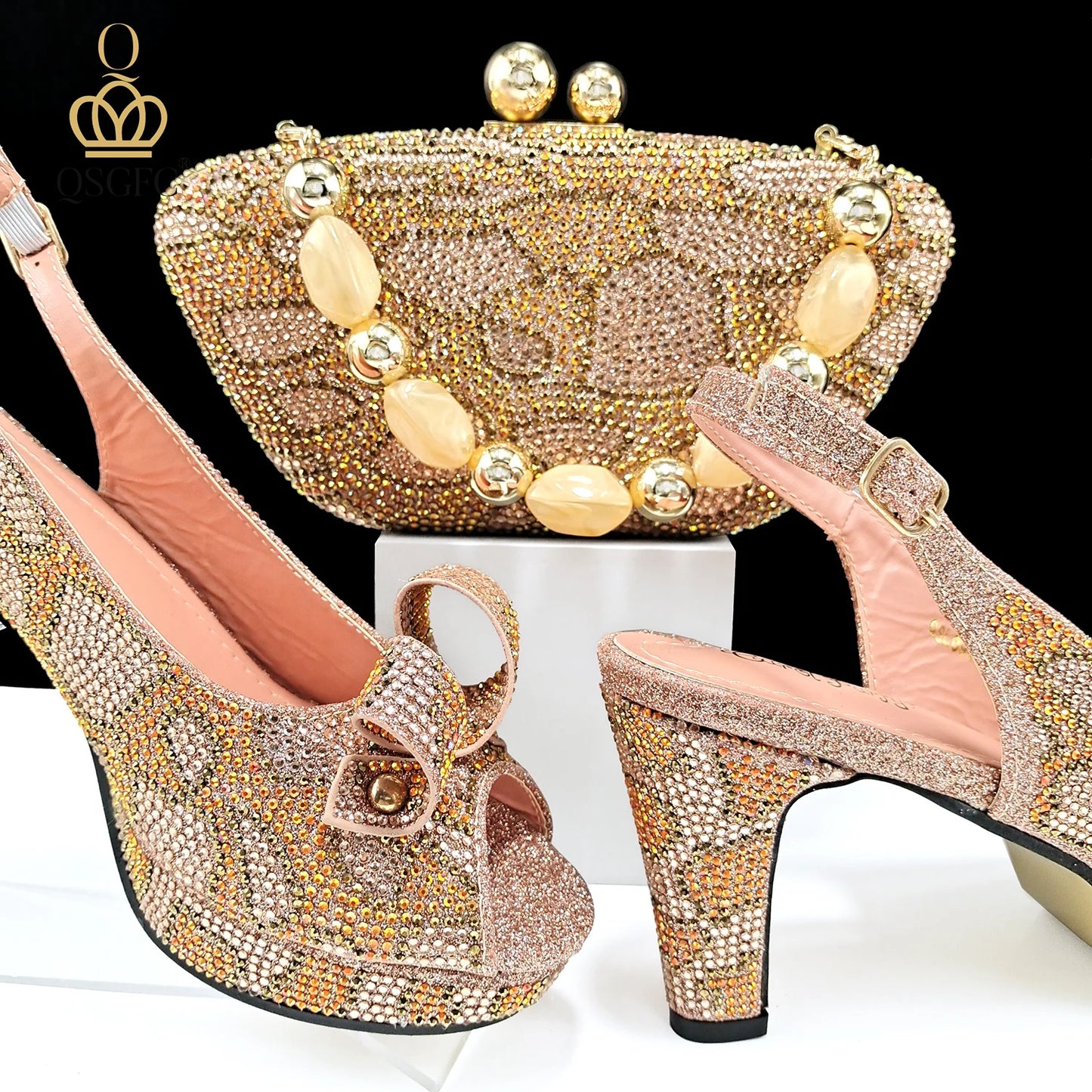 Italian Design Hard Bag & Open Toe High Heels Set Fuchsia Color Blocking Hot Rhinestones Fashion Sexy Women High Heels
