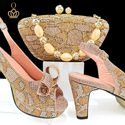 Italian Design Hard Bag & Open Toe High Heels Set Fuchsia Color Blocking Hot Rhinestones Fashion Sexy Women High Heels