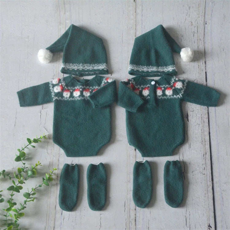 Christmas Baby Clothing Newborn Boy Girl Photography Santa Claus Costumes Sets Green Knitted Romper Stockings Hat 3pcs for Xmas