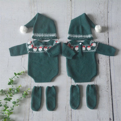 Christmas Baby Clothing Newborn Boy Girl Photography Santa Claus Costumes Sets Green Knitted Romper Stockings Hat 3pcs for Xmas