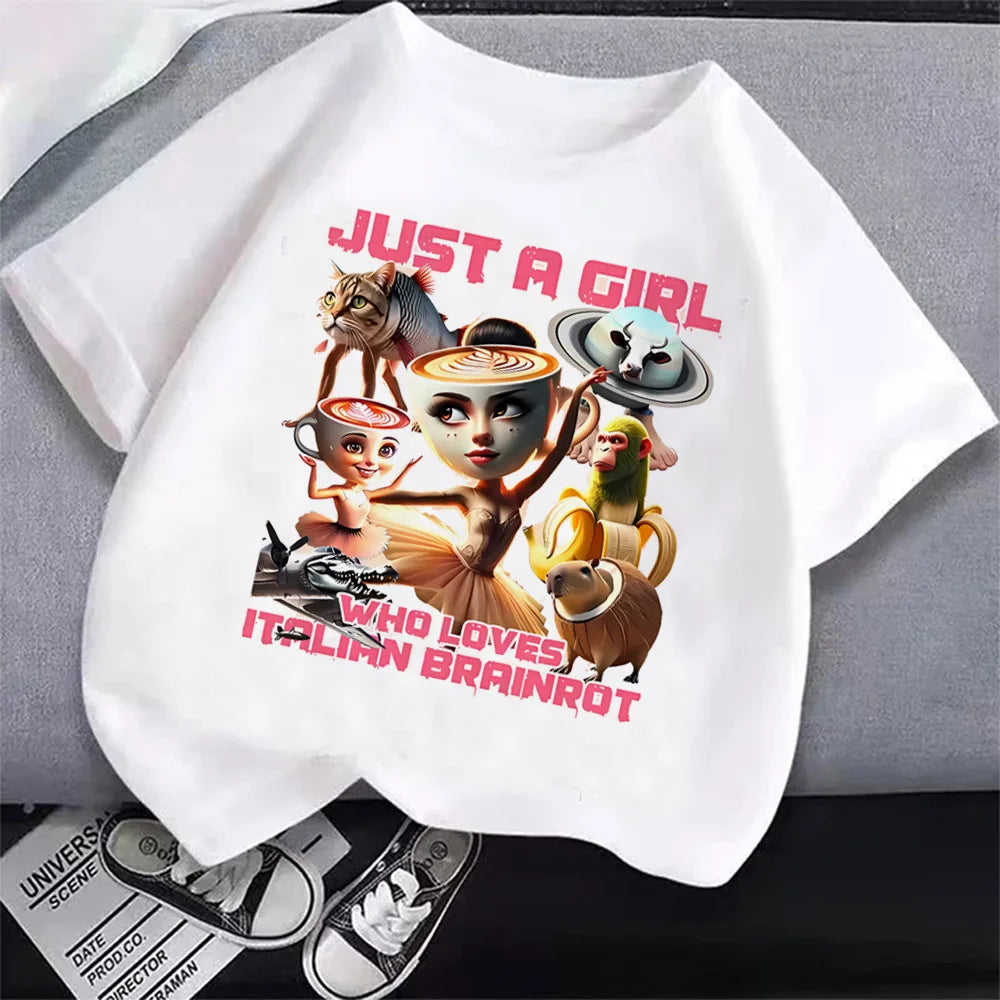Italian Brainrot T-Shirt Kids Cartoon Anime Print Clothes Round Neck Basic Boys Tops Absorbent Casual Shirts Gift